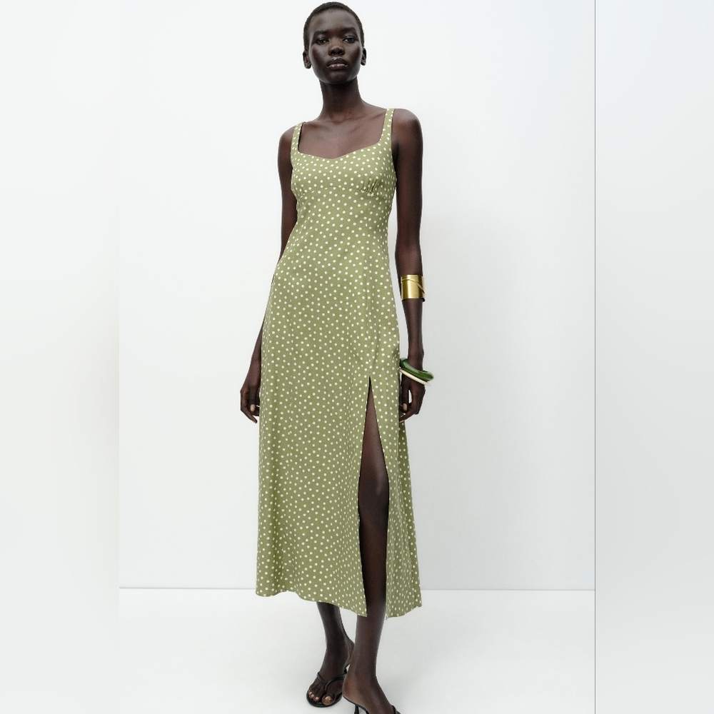 SIZE XL LINEN BLEND POLKA DOT MIDI DRESS ECRU/KHAKI ZARA 8008/677/071